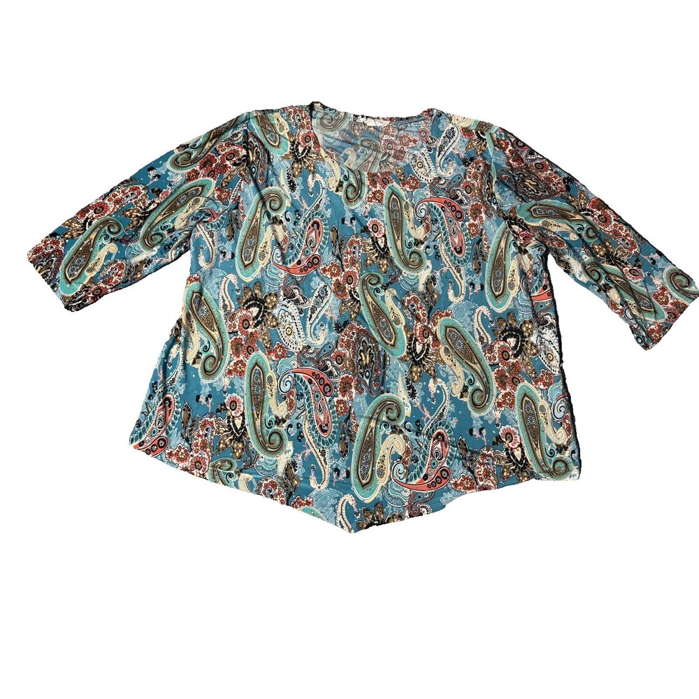 Exclusive One Blouse Womens 3X Boho Blue Sequins Top Long Sleeve